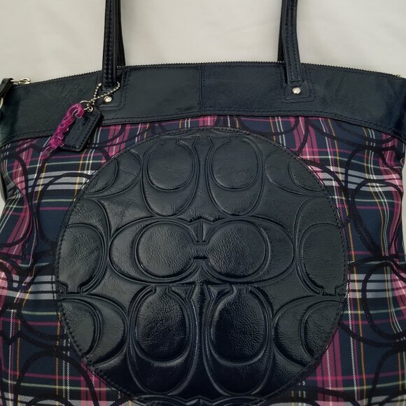 Authentic Coach Poppy Tartan Plaid Navy Blue Shoulder Tote Bag Purse - Picture 1 of 9